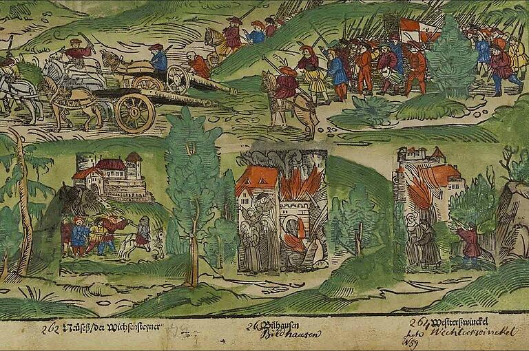 Ein Ausschnitt aus dem Bamberger Burgenbuch, in dem zahlreiche im Bauernkrieg zerstörte Burgen und Klöster in Fantasiebildern abgebildet sind. Unten mittig findet sich das Kloster Bildhausen. Ein Ausschnitt aus dem Bamberger Burgenbuch, in dem zahlreiche im Bauernkrieg zerstörte Burgen und Klöster in Fantasiebildern abgebildet sind. Unten mittig findet sich das Kloster Bildhausen. 