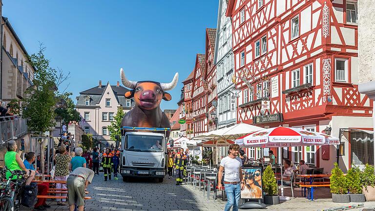 Auch in diesem Jahr wird die Eröffnungs-Parade des Ochsenfurter Ochsenfestes durch das Wahrzeichen der Stadt eröffnet. Der aufblasbare Riesen-Ochse war im letzten Jahr erstmals Teil des Umzugs.