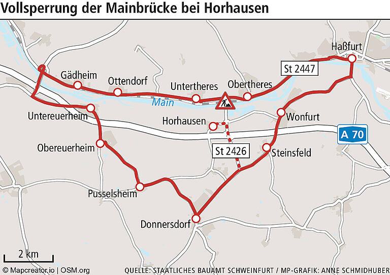 Achtung Autofahrer: Die Mainbrücke bei Horhausen ist ab 14. August vollständig gesperrt