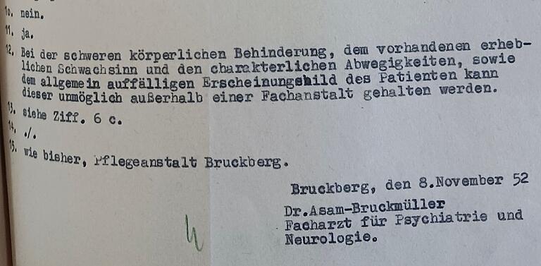 Auszug aus dem vernichtenden Gutachten von Dr. Asam-Bruckmüller vom 8. November 1952, sieben Jahre nach Ende der NS-Herrschaft