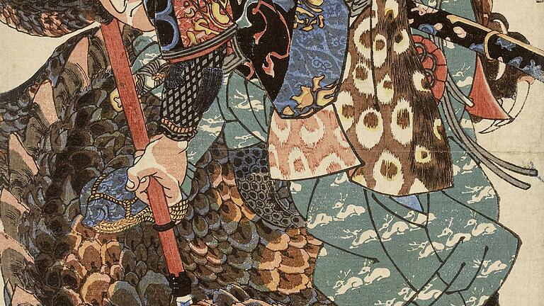 Utagawa Kuniyoshi (1798–1861): Der Samurai Miyamoto Musashi bekämpft ein Yamamaze, ein mythisches Monster, das aus verfallenden Blättern geboren wird.&nbsp;