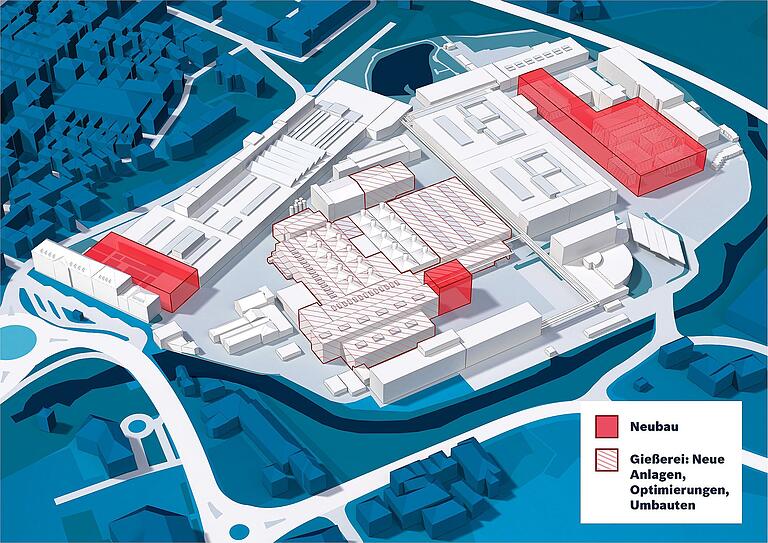 Bosch Rexroth will auf dem Werksgelände 'Eisengießer' in Lohr in den kommenden fünf Jahren 100 Millionen Euro investieren. Die Grafik zeigt, was geplant ist: links in rot das neue Bürogebäude, in der Mitte Umbauten in der Gießerei und rechts das neue Logistikzentrum.