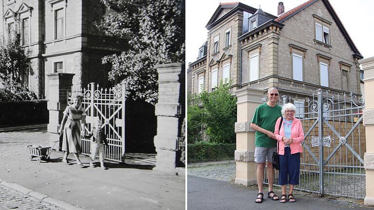 Rund 65 Jahre liegen zwischen den beiden Fotos. Links: Die kleine Susan läuft mit ihrer Mama Nora und einem Leiterwagen am Tor entlang, das zu ihrem Wohnhaus in der Wörthstraße 32 führt. Rechts: Susan Lundeen und ihr Mann Roy vor dem Tor, das sich in all den Jahren kaum verändert hat. Das Haus im Hintergrund gehört Familie Arauner.&nbsp;