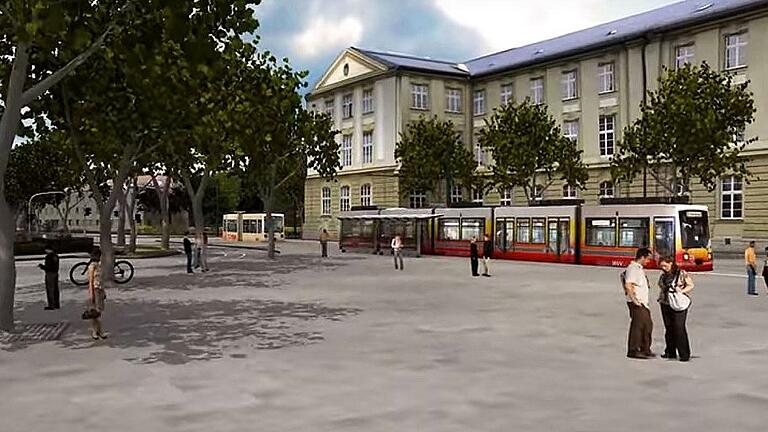 Würzburgs Hochschulen setzen auf neue Straßenbahnlinie       -  Schon 2011 ließ die WVV in einer Animation die Straßenbahn auf der geplanten Trasse ans Hubland fahren - hier ein Ausschnitt am Wittelsbacherplatz.