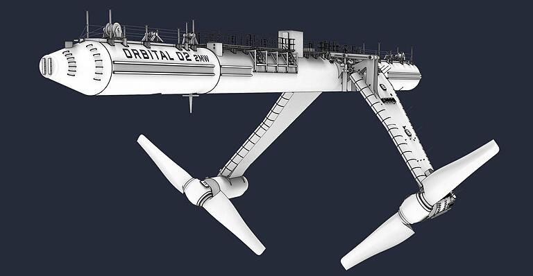 Unter einem 72 Meter langen, zigarrenförmigen Schwimmkörper drehen sich zwei SKF-Tidenturbinen &quot;Made in Schweinfurt&quot;.