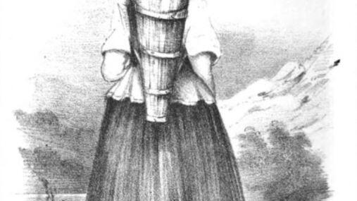 Eine Frau in Gemünden mit Wasserbutte, Abbildung aus 'A historical tour in Franconia'. Eine Frau in Gemünden mit Wasserbutte, Abbildung aus 'A historical tour in Franconia'.