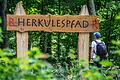 Der Herkulespfad ist ein 14 Kilometer langer Rundweg in der Nähe von Buchen im Odenwald. Dieses riesige Schild am Start des Wanderweges ist unübersehbar.