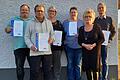 Auf dem Foto Jochen Haas, fünf Jahre Mitarbeit, Michael Reuß, Anke Kraus, je zehn Jahre Mitglied, Anita Haas fünf Jahre Mitarbeit, Vorstandsvorsitzende Anja Schreiner, Helmut König 25 Jahre Mitglied.