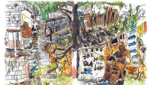 Ein Nachmittag in Haiti: Wilson schneidet seinem Cousin Guy die Haare im Slum-Viertel Carrefour Feuilles in Port-au-Prince. Illustrationen: Sebastian Lörscher (www.sebastian-loerscher.de) Ein Nachmittag in Haiti: Wilson schneidet seinem Cousin Guy die Haare im Slum-Viertel Carrefour Feuilles in Port-au-Prince. Illustrationen: Sebastian Lörscher (www.sebastian-loerscher.de)
