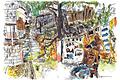 Ein Nachmittag in Haiti: Wilson schneidet seinem Cousin Guy die Haare im Slum-Viertel Carrefour Feuilles in Port-au-Prince. Illustrationen: Sebastian Lörscher (www.sebastian-loerscher.de)