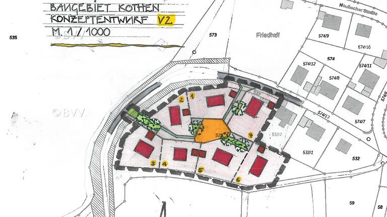 Diese Variante eines möglichen Bebauungsplans überzeugte Mottens Gemeinderat. In der Mitte der 'Kommunikationspunkt', die angrenzenden Grundstücke werden via Wohnwege erreicht.  Grafik: Planungsbüro Bautechnik-Kirchner       -  Diese Variante eines möglichen Bebauungsplans überzeugte Mottens Gemeinderat. In der Mitte der 'Kommunikationspunkt', die angrenzenden Grundstücke werden via Wohnwege erreicht.  Grafik: Planungsbüro Bautechnik-Kirchner