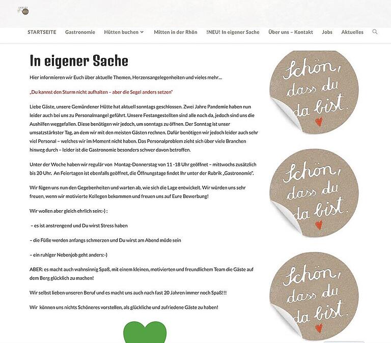 Mit Humor werben die Betreiber der Gemündener Hütte für neues Personal. Und erklären auf ihrer Homepage die Gründe für die derzeitige Sonntags-Schhließung.