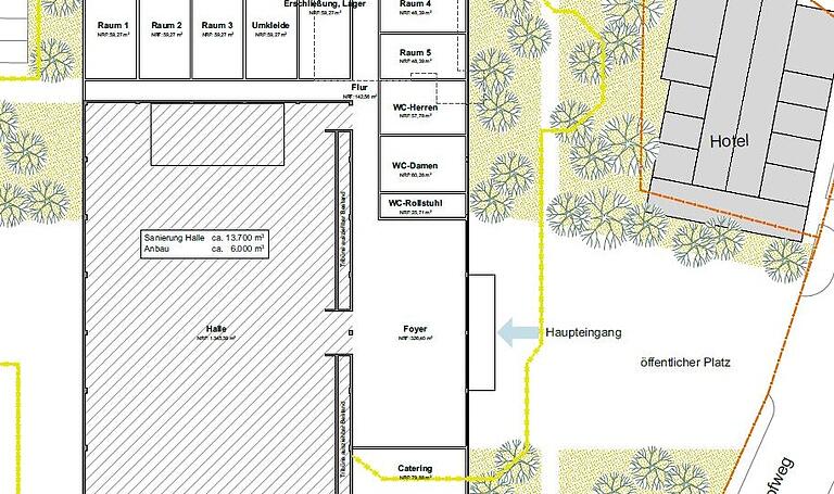 Der erste Entwurf zur Sanierung der Scherenberghalle. Der Haupteingang des Gebäudes soll sich weiterhin auf Seite des Hofwegs befinden.&nbsp;