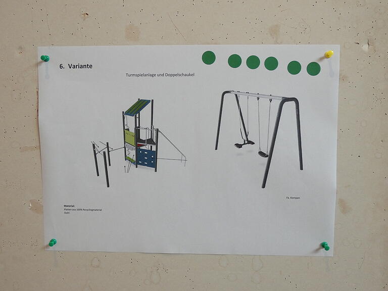 Der Vorschlag Turmspielanlage und Doppelschaukel für den Spielplatz am Pfarrer-Seger-Weg in Gochsheim bekam die meisten grünen Punkte der Kinderräte.