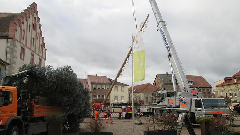 Der Zunftbaum musste dem Christbaum weichen. Vier Schwerlast-Fahrzeuge und ein Dutzend Männer wurden für den Wechsel benötigt.       -  Der Zunftbaum musste dem Christbaum weichen. Vier Schwerlast-Fahrzeuge und ein Dutzend Männer wurden für den Wechsel benötigt.