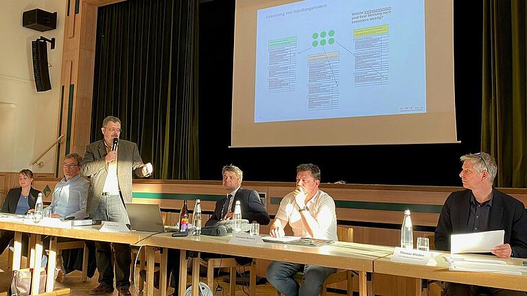 Ohne Planung keine Fortschreibung des Integrierten städtebaulichen Entwicklungskonzepts: (von links) Baurätin Laura Oberst von der Regierung von Unterfranken, die Planer Ralf Popien und Holger Kess, Bürgermeister Michael Kraus, Bauamtschef Christian Roßhirt und Planer Thomas Wieden. Ohne Planung keine Fortschreibung des Integrierten städtebaulichen Entwicklungskonzepts: (von links) Baurätin Laura Oberst von der Regierung von Unterfranken, die Planer Ralf Popien und Holger Kess, Bürgermeister Michael Kraus, Bauamtschef Christian Roßhirt und Planer Thomas Wieden.