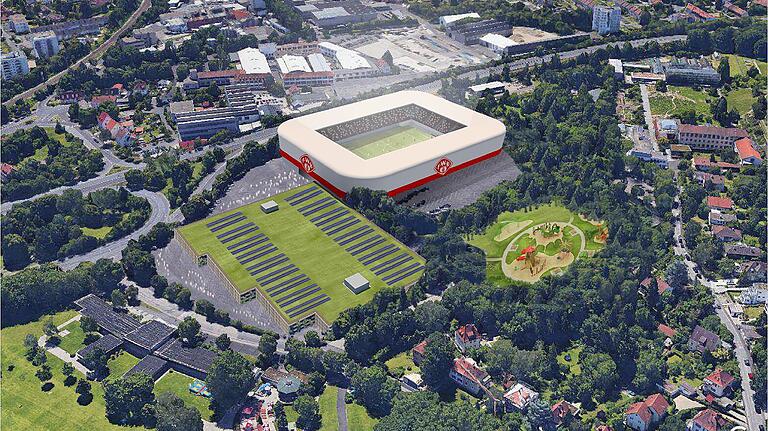 So könnte das neue Kickersstadion von Norden her aussehen: Screenshot aus einer Präsentation, mit der der FC Kickers Würzburg im Rathaus für sein Anliegen warb.