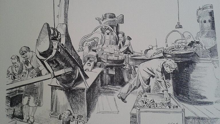 Erwin Bindewald hielt Szenen aus der Industriegeschichte fest. Die abgebildete Maschine wurde 1929 von SKF in Schweden gebaut und zum Seitenschleifen von Wälzlager-Außen- und Innenringen verwendet. Die Bindewald-Zeichnungen sind eine der Schätze, die der AKI gesammelt hat. Erwin Bindewald hielt Szenen aus der Industriegeschichte fest. Die abgebildete Maschine wurde 1929 von SKF in Schweden gebaut und zum Seitenschleifen von Wälzlager-Außen- und Innenringen verwendet. Die Bindewald-Zeichnungen sind eine der Schätze, die der AKI gesammelt hat.