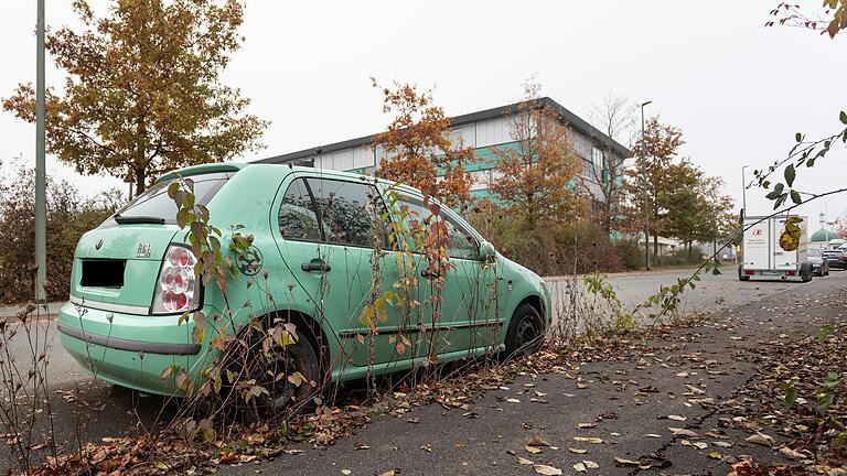 Ein Skoda mit polnischem Kennzeichen steht laut Anwohnern seit sieben Jahren im Würzburger Gewerbegebiet Heuchelhof. Es ist bereits von Unkraut eingewachsen.