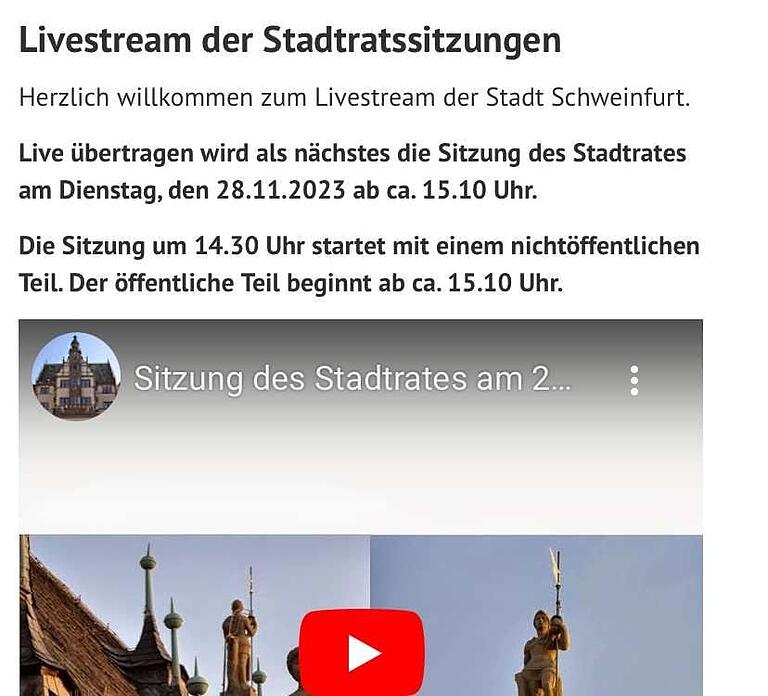 Eine Kritik der Stadträte: Der Live-Stream ist auf der Internetseite www.schweinfurt.de nur schwer zu finden.