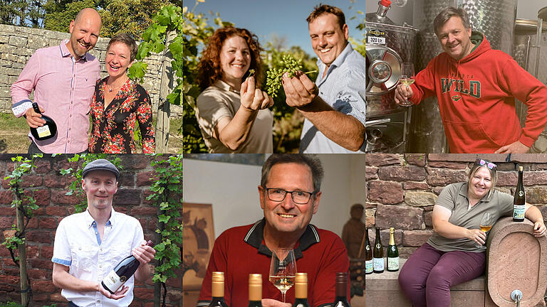 Glückliche fränkische Biowinzer: Weingut Lange - Schloss Saaleck, Bio-Weingut Bausewein, Weingut Betz, Weingut Hech, Weingut Wallrapp und Weingut Stritzinger (von links oben)