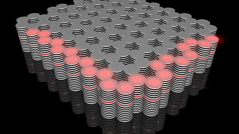 Der neuartige topologische Isolator aus der Würzburger Physik: An seinen Kanten entlang fließt ein Strom aus Exziton-Polaritonen (rot), der sich kontrollieren lässt. Ein Beispiel für Quantenmaterialien, mit deren Erforschung sich das gemeinsame Exzellenzcluster der Uni Würzburg und der TU Dresden befasst. Würzburger Sprecher des Clusters ist Prof. Ralph Claessen.