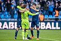 VfL Bochum - RB Leipzig       -  Ivan Ordets (links) und Anthony Losilla jubeln mit Torwart Manuel Riemann  nach dem Sieg gegen Leipzig.