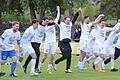 Geschafft: Die Fußballer des TSV Karlburg (von links mit Rene Kohlhepp, Nico Kuß, Cedric Fenske, Cornelius Hock, Trainer Markus Köhler, Fabio Tudor, Jan Martin, Paul Karle und Marvin Fischer-Vallecilla) freuen sich über den Gewinn der Meisterschaft in der Landesliga Nordwest.