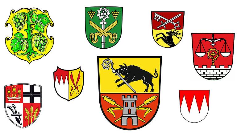 Die Wappen der Stadt Gerolzhofen und der umliegenden Gemeinden geben Heimatgeschichte preis. Von links oben nach rechts unten: Dingolshausen, Michelau, Oberschwarzach, Donnersdorf, Lülsfeld, Frankenwinheim, Sulzheim, Gerolzhofen