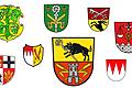 Die Wappen der Stadt Gerolzhofen und der umliegenden Gemeinden geben Heimatgeschichte preis. Von links oben nach rechts unten: Dingolshausen, Michelau, Oberschwarzach, Donnersdorf, Lülsfeld, Frankenwinheim, Sulzheim, Gerolzhofen