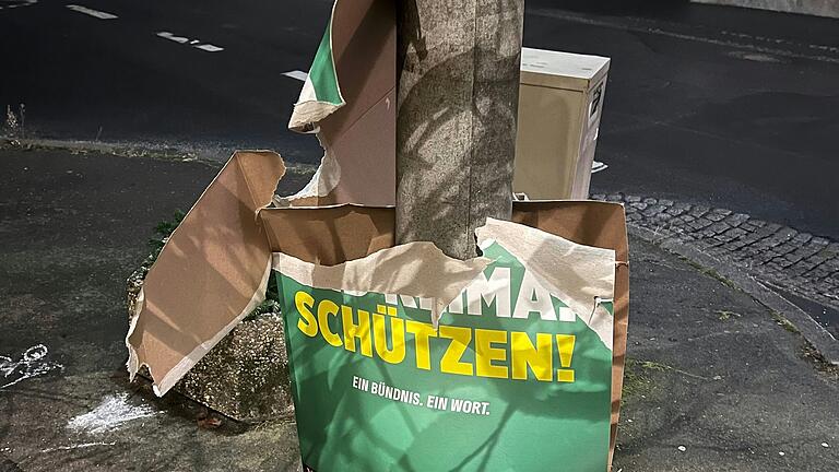 Vor allem Wahlplakate der großen Parteien, wie dieses Plakat von Bündnis 90/Die Grünen im Ortskern, werden von Unbekannten zerstört.