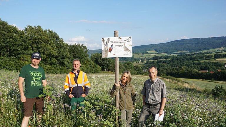 Gemeinsam werten Landwirte und Jäger die Lebensräume der  Kulturlandschaft durch lebensraumverbessernde Maßnahmen ökologisch auf.  Dies sorgt für bessere Lebensbedingungen für Tiere und Pflanzen, schafft  eine strukturreiche Kulturlandschaft und fördert auf vielfältige Weise  die  Artenvielfalt. Das Bild zeigt (von links): Thomas Enders, Stefan  Enders, Barbara und Klaus Abert. Foto: Marion Eckert       -  Gemeinsam werten Landwirte und Jäger die Lebensräume der  Kulturlandschaft durch lebensraumverbessernde Maßnahmen ökologisch auf.  Dies sorgt für bessere Lebensbedingungen für Tiere und Pflanzen, schafft  eine strukturreiche Kulturlandschaft und fördert auf vielfältige Weise  die  Artenvielfalt. Das Bild zeigt (von links): Thomas Enders, Stefan  Enders, Barbara und Klaus Abert. Foto: Marion Eckert