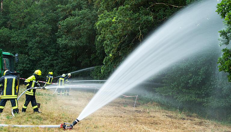 In Unterfranken herrscht aktuell die höchste Warnstufe für Waldbrände. Im Bild üben Feuerwehren bei Werneck (Lkr. Schweinfurt) den Ernstfall.