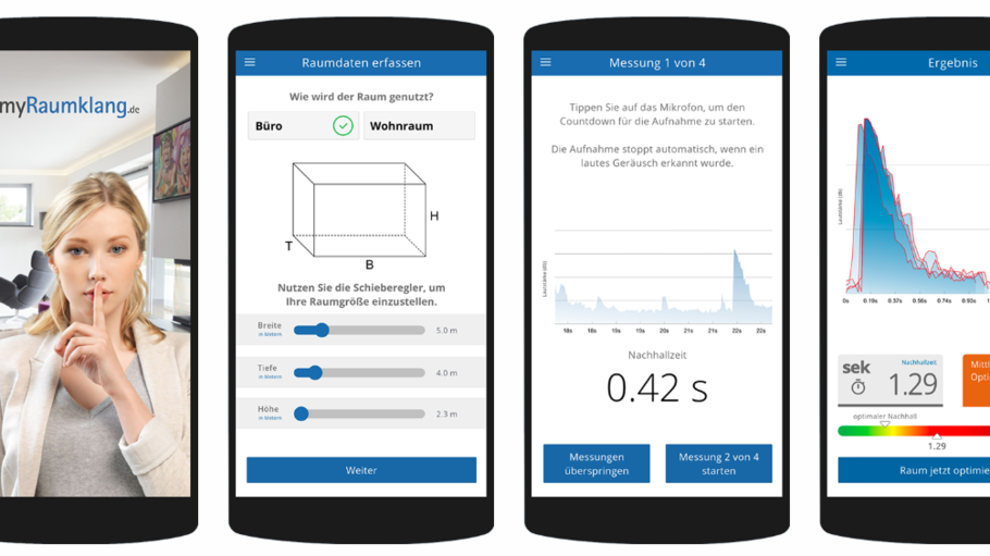 myRaumklang - App misst den Nachhall und verbessert die Raumakustik       -  Kostenlose App myRaumklang analysiert die Raumakustik und misst den Nachhall. Die Ergebnisse liefern eine Entscheidungsgrundlage, ob und wenn ja welche Maßnahmen zur Optimierung der Akustik getroffen werden sollten.