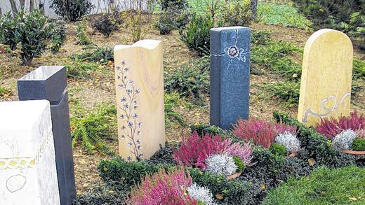 Gleiche Pflanzen, unterschiedliche Stelen, Urnengräber in Lengfeld.