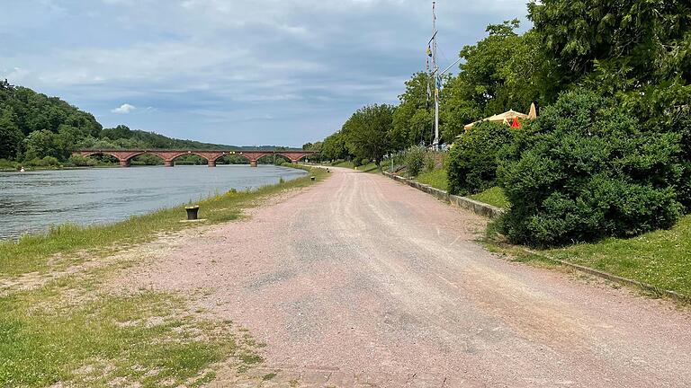 Zu viel Schotter auf der Mainlände. Dort soll der künftige Radweg verlaufen. Der Planer schlägt mehr Grün vor. Zu viel Schotter auf der Mainlände. Dort soll der künftige Radweg verlaufen. Der Planer schlägt mehr Grün vor.