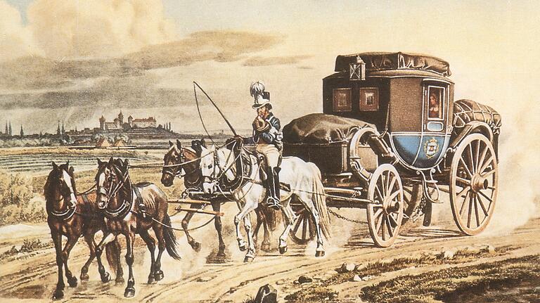 So sahen die Postkutschen aus, die die Poststraße über den Spessart befuhren und in Esselbach Station machten (hier ein bayerischer Eilwagen 1823).' Gemälde von Johann Adam Klein. So sahen die Postkutschen aus, die die Poststraße über den Spessart befuhren und in Esselbach Station machten (hier ein bayerischer Eilwagen 1823).' Gemälde von Johann Adam Klein.