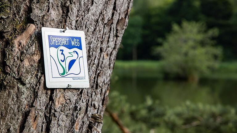 Eine der Markierung auf der Strecke des Spessartweg 3 bei Habichsthal, die Wandernden den Weg zeigen. Eine der Markierung auf der Strecke des Spessartweg 3 bei Habichsthal, die Wandernden den Weg zeigen.