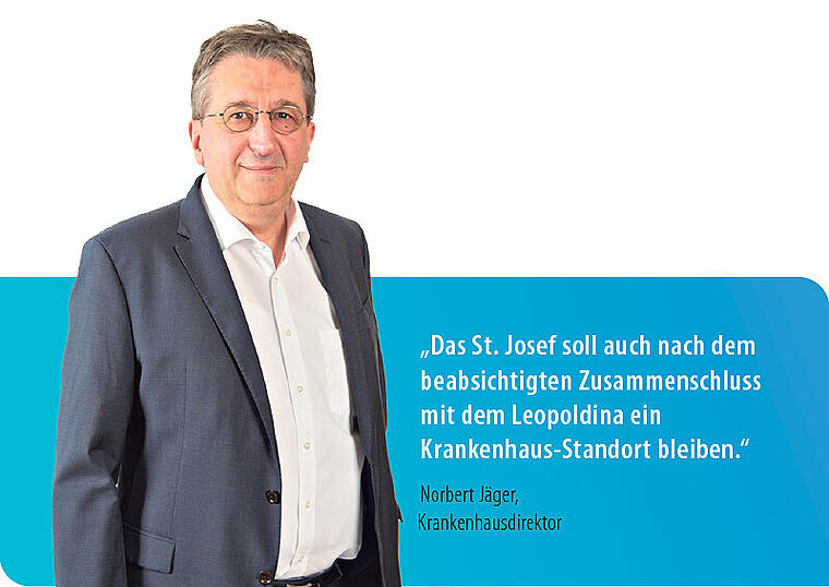Infoserie Krankenhaus St. Josef - „Das St. Josef wird weiterhin als Krankenhaus funktionieren, auch wenn es zu einem Zusammenschluss mit dem Leopoldina kommen sollte.'
Norbert Jäger, Krankenhausdirektor Infoserie Krankenhaus St. Josef - „Das St. Josef wird weiterhin als Krankenhaus funktionieren, auch wenn es zu einem Zusammenschluss mit dem Leopoldina kommen sollte.'
Norbert Jäger, Krankenhausdirektor