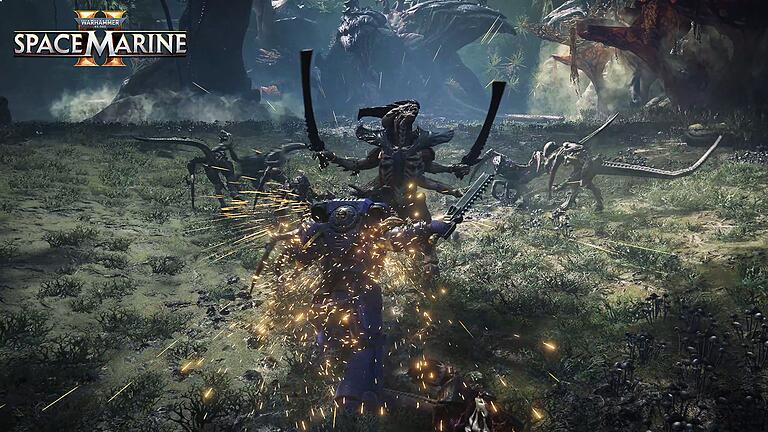 Screenshot aus „Warhammer 40.000: Space Marine 2” - Flinke, unförmige Aliens kriechen aus Löchern oder zähnefletschende Monster stürzen sich auf die Spieler: Auch das ist „Warhammer 40.000: Space Marine 2”. Screenshot aus „Warhammer 40.000: Space Marine 2” - Flinke, unförmige Aliens kriechen aus Löchern oder zähnefletschende Monster stürzen sich auf die Spieler: Auch das ist „Warhammer 40.000: Space Marine 2”.
