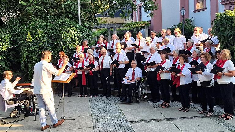 Als krönenden Abschluss des wunderbaren Serenadenkonzerts des Männergesangvereins im Rathaus  verströmte der voluminöse Klangkörper des 51-köpfigen Gesamtchors mit dem fetzigen Tessiner Weinlied 'Ticino e vino', von Johann Baptist Hilber, italienische Lebensfreude. Exzellent interpretierte der Chor auch „Conquest of Paradise“ von Vangelis und das Seemanns-Shanty 'Good night ladies'.