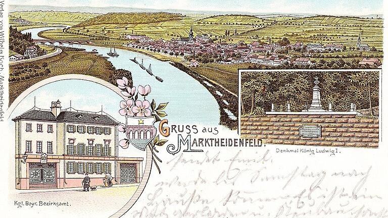 Grüße aus Marktheidenfeld aus dem Jahr 1908       -  (deu)   Liebe zum Detail und Detailtreue zeichnen die Ansichtskarte aus, die jüngst ihren Weg zurück nach Marktheidenfeld fand. Die Postkarte mit der Lithografie darauf wurde im November 1908 von Marktheidenfeld nach Trennfurt bei Klingenberg am Main geschickt und tauchte kürzlich in einer Internet-Auktion auf. Sie zeigt eine Gesamtaufnahme von Marktheidenfeld, dessen Bebauung Richtung Zimmern mit der Martinsbräu endete und Richtung Würzburg mit der 1896 fertiggestellten evangelischen Kirche. Besonders sehenswert schien dem Verleger Wilhelm Koch das Denkmal für König Ludwig I. als Erbauer der Mainbrücke zu sein. Was die Karte heute so interessant macht, ist allerdings die Abbildung des &bdquo;Kgl. Bayr. Bezirksamts&ldquo; im linken unteren Viertel. Dieses Königlich Bayerische Bezirksamt stand in der Mitteltorstraße, ortauswärts gleich, angrenzend an das Bräustüble. Kurz nach Beginn des Ersten Weltkriegs 1914 verließ das Bezirksamt, wie früher das Landratsamt hieß, den Standort in der Mitteltorstraße und bezog den Neubau an der Straße nach Karbach. In diesem Gebäude hat heute die Verwaltungsgemeinschaft ihren Sitz. Die Abbildung zeigt das Gebäude in der Mitteltorstraße vor einem Umbau, der das zweite Stockwerk über dem Haupteingang betroffen hatte. Das stattliche Gebäude wurde Anfang der 1970er Jahre abgerissen. Die Detailtreue der Darstellung auf der Postkarte geht so weit, dass man sogar den Blitzableiter auf dem Dach nicht vergessen hat. Die Karte wird nun rund 110 Jahre nach ihrem Gebrauch als &bdquo;Gruß aus Marktheidenfeld&ldquo; den Ansichtskartenbestand des Stadtarchivs vergrößern.