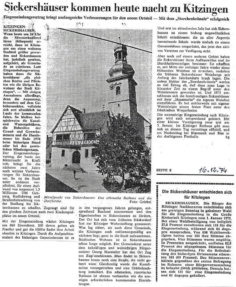 Zeitungsartikel von 1974 zur Eingemeindung: Sickershausen wurde ein Stadtteil von Kitzingen.