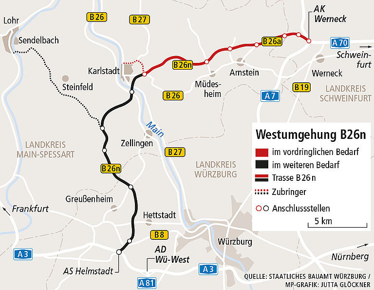 Der geplante Verlauf der Westumgehung B 26n. Der geplante Verlauf der Westumgehung B 26n.