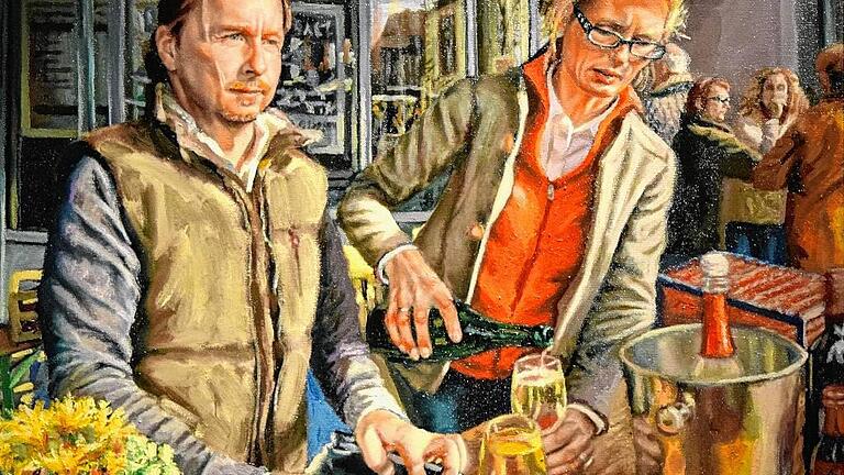 &bdquo;Winzer auf dem Markt in Aschaffenburg&ldquo; heißt dieses Bild von Iwan Faberden.