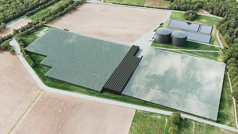 Wie auf dieser Visualisierung dargestellt, soll die geplante Salatzuchtanlage bei Wiesentheid in fertigem Zustand aussehen. Die Zeichnung zeigt die Anlage noch an dem möglichen Standort am Sportplatz von Wiesentheid in Richtung Untersambach. Wie auf dieser Visualisierung dargestellt, soll die geplante Salatzuchtanlage bei Wiesentheid in fertigem Zustand aussehen. Die Zeichnung zeigt die Anlage noch an dem möglichen Standort am Sportplatz von Wiesentheid in Richtung Untersambach.