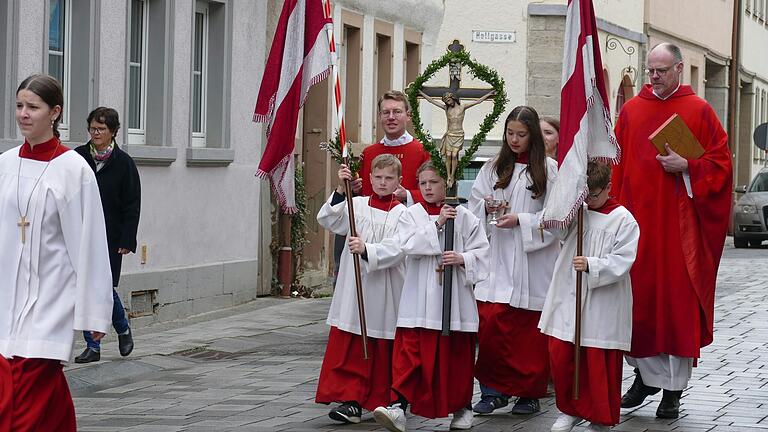 Pfarrer Thomas Menzel und Subregens Christian Staude mit dem Altardienst auf dem Weg zur Sebastianuskapelle, wo die Palmsträuße gesegnet wurden. Anschließend ging es in einer Prozession zur Pfarrkirche St. Kilian. Pfarrer Thomas Menzel und Subregens Christian Staude mit dem Altardienst auf dem Weg zur Sebastianuskapelle, wo die Palmsträuße gesegnet wurden. Anschließend ging es in einer Prozession zur Pfarrkirche St. Kilian.