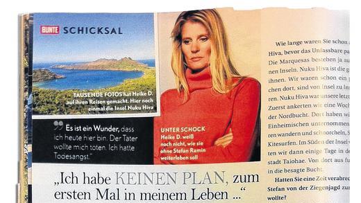 Traurige Schlagzeilen: Im Interview mit &bdquo;Bunte&ldquo; (Ausriss) bricht Heike D. ihr Schweigen über die dramatischen Ereignisse um den Tod ihres Freundes Stefan und ihre Entführung auf der Südsee-Insel Nuku Hiva