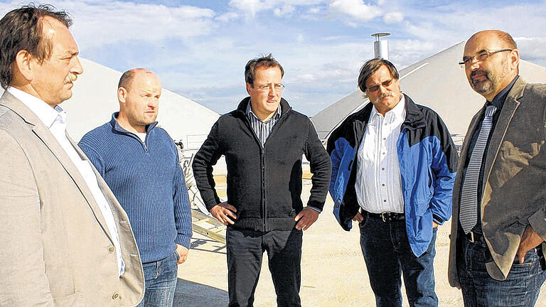 Energiegespräche:  (von links) FDP-Bundestagsabgeordneter Rainer Erdel, die Biogas-Gesellschafter Norbert Sauer, Geschäftsführer Ulrich Beck, Hubert Klenkert und Bernhard Bedenk von der Überlandzentrale Lülsfeld.