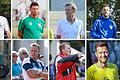 Sie trainieren die hiesigen Mannschaften in der Fußball-Bezirksliga West: (oben, von links) Benedikt Strohmenger beim SV Birkenfeld, Christian Hofrichter vom SV Kürnach, Christian Graf beim TSV Lohr, Andreas Zehner beim TSV Unterpleichfeld, (unten) Philipp Christ beim TSV Eisingen, René Grimm bei der TG Höchberg, Dennis Ketturkat beim SSV Kitzingen und Philipp&nbsp;Zirkler beim Würzburger FV II.